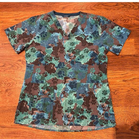 Carhartt Women's Force Cross Flex Camo Dog Print Scrubs Top Blue Green Sz Small - Picture 1 of 9